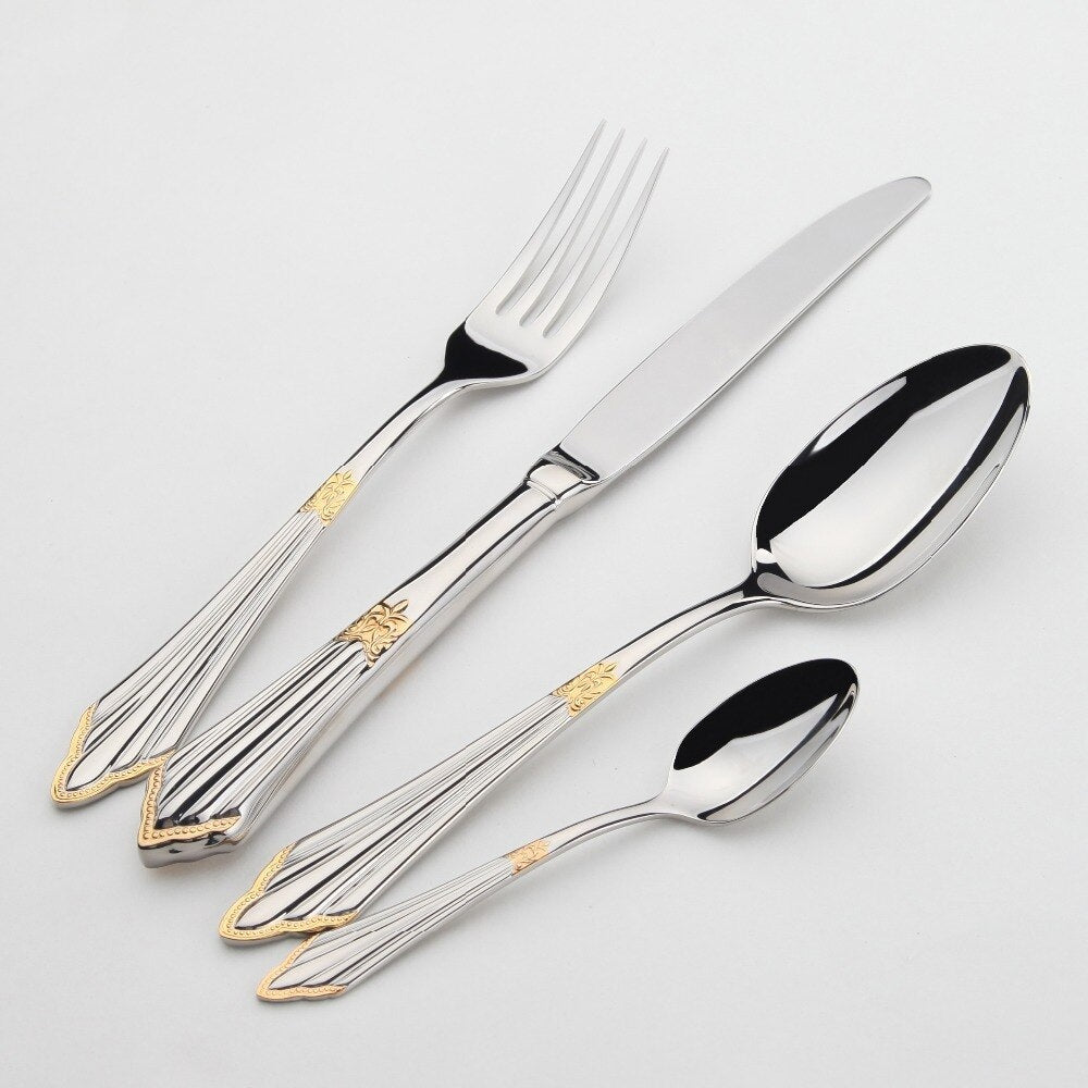 Juego de cubiertos Aurelia dorado completo para mesa elegante, acero inoxidable de lujo para ocasiones especiales.