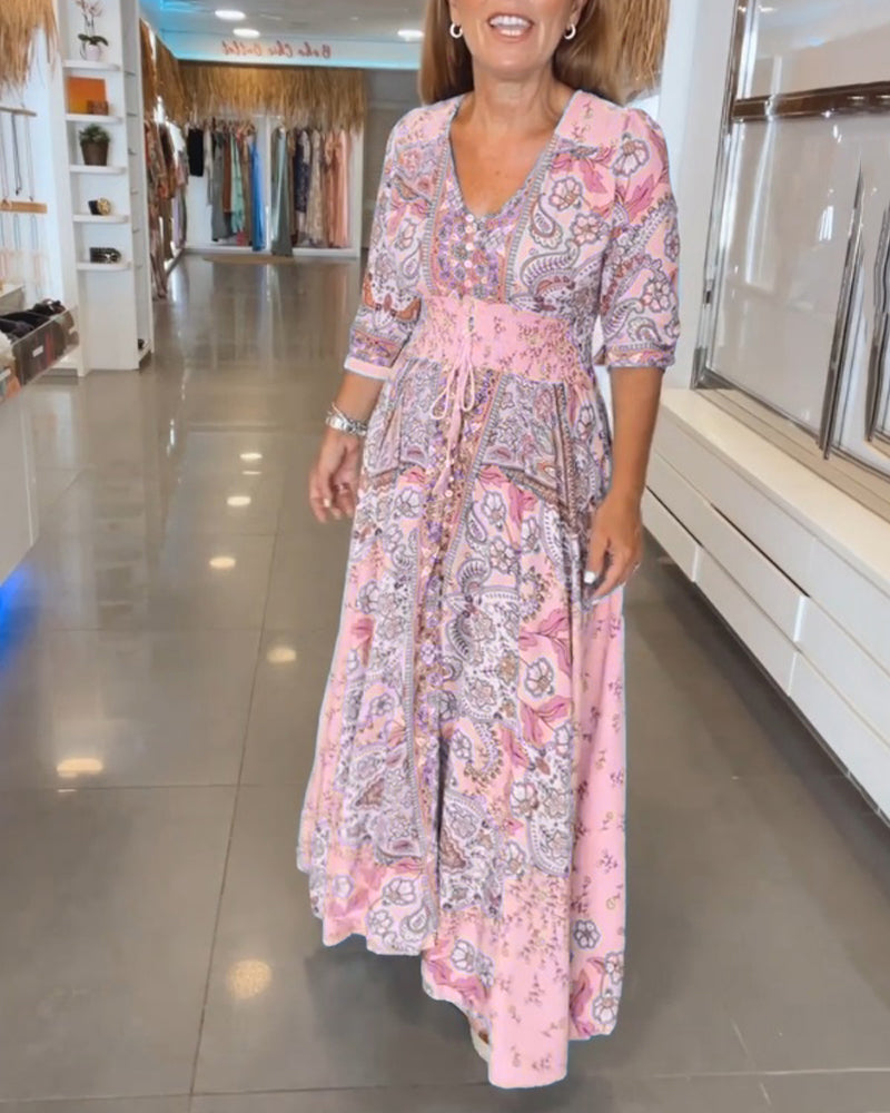 Vestido de mujer para vacaciones, estilo bohemio, estampado floral y cintura ajustable.