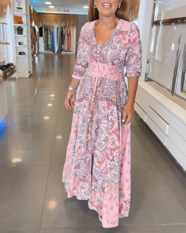 Vestido de mujer para vacaciones, estilo bohemio, estampado floral y cintura ajustable.