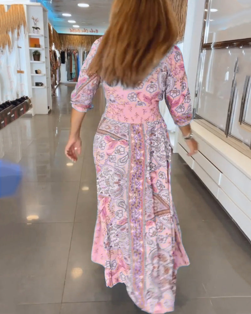 Vestido de primavera bohemio con estampado vibrante y cintura ajustable, moda casual.