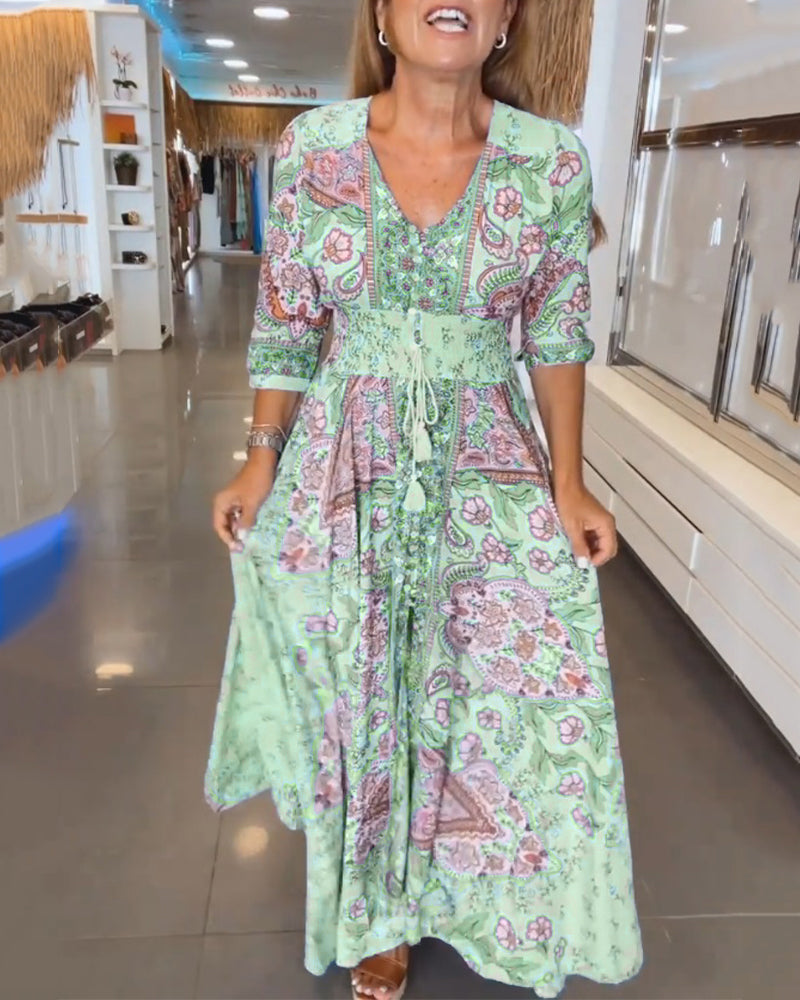 Vestido maxi elegante y cómodo con estampado bohemio y cintura ajustable, para cualquier ocasión.