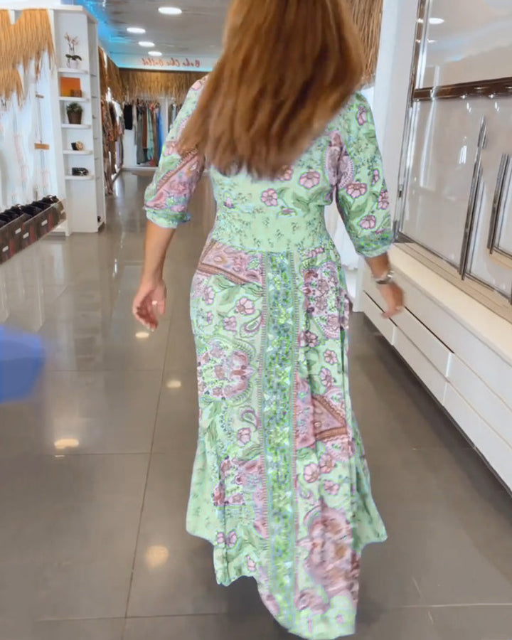 Estilo bohemio chic: Vestido maxi estampado con cintura ajustable, ideal para primavera-verano.