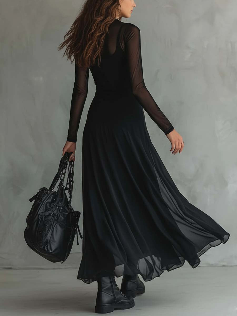 Vestido largo negro de mujer, estilo sofisticado. Mangas transparentes, perfecto para ropa de noche elegante.