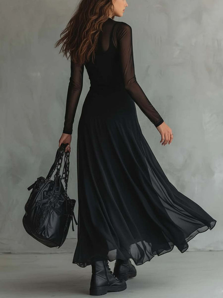 Vestido largo negro de mujer, estilo sofisticado. Mangas transparentes, perfecto para ropa de noche elegante.