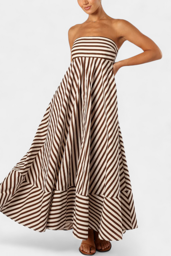 Vestido maxi convertible rosa para mujer, versátil para playa o fiesta. Estilo elegante y sin tirantes.