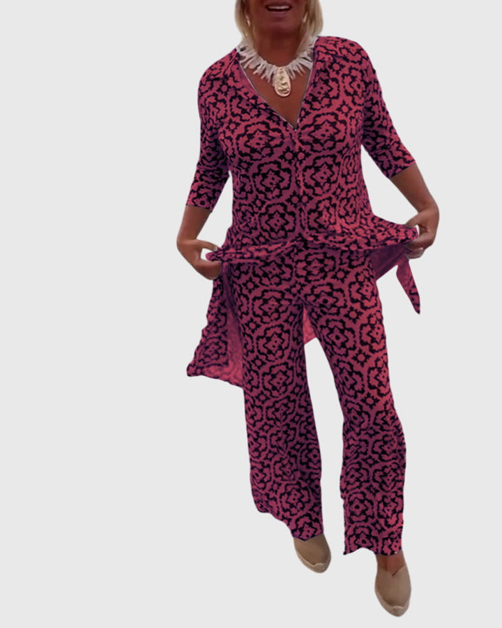 Ropa versátil: conjunto de dos piezas rosa vintage y elegante para mujer, estilo clásico y cómodo.