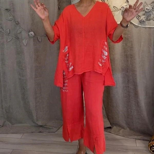 Set de dos piezas para mujer: blusa con escote V y pantalones holgados fluidos. Ropa femenina casual y cómoda.