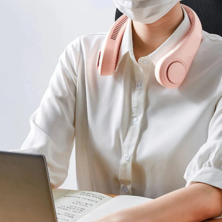 Ventilador de cuello recargable USB, diseño silencioso y sin aspas para viajes y uso deportivo.