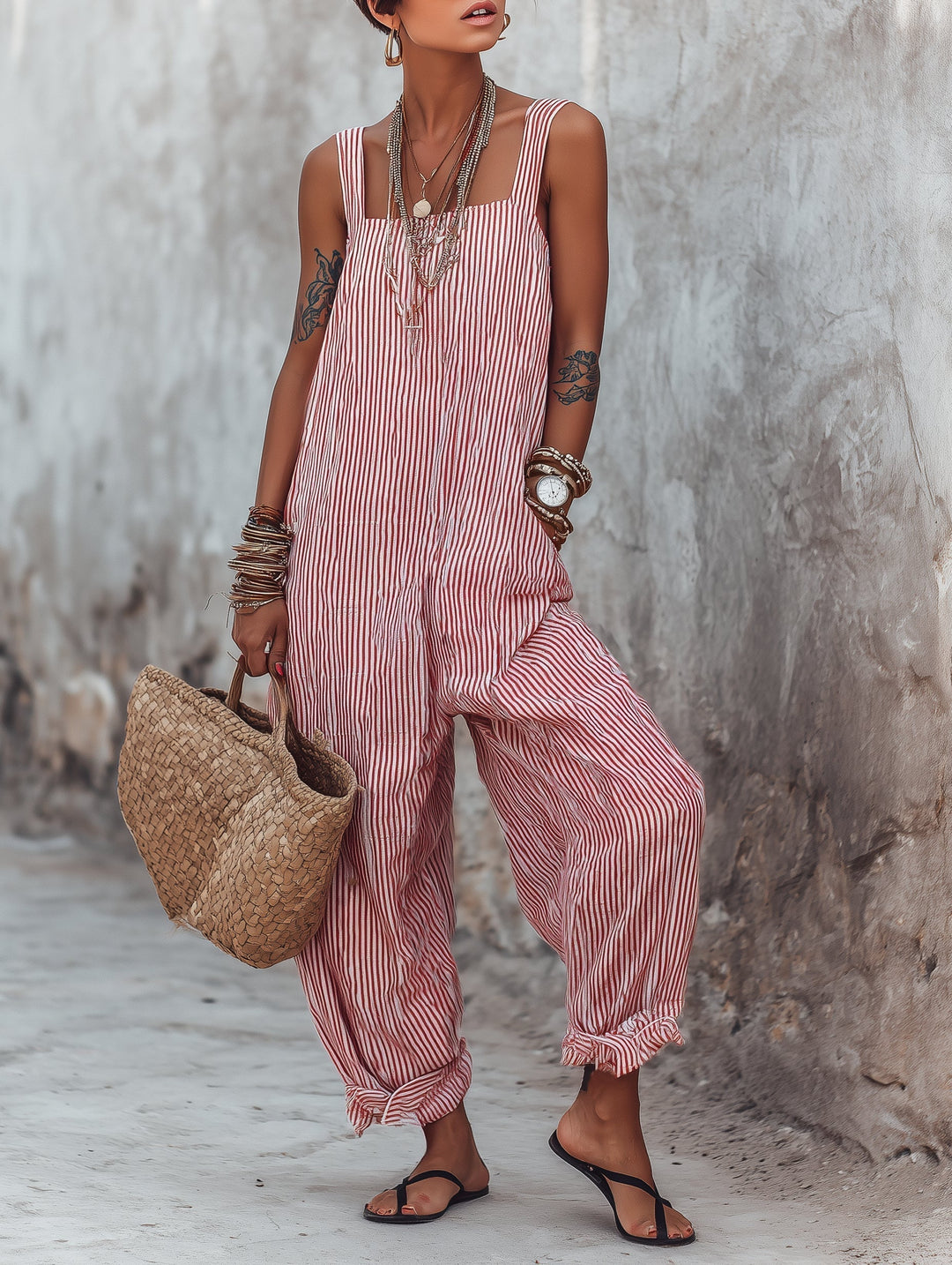 Mono oversize de rayas para mujer, estilo veraniego casual. Jumpsuit cómodo con escote cuadrado.