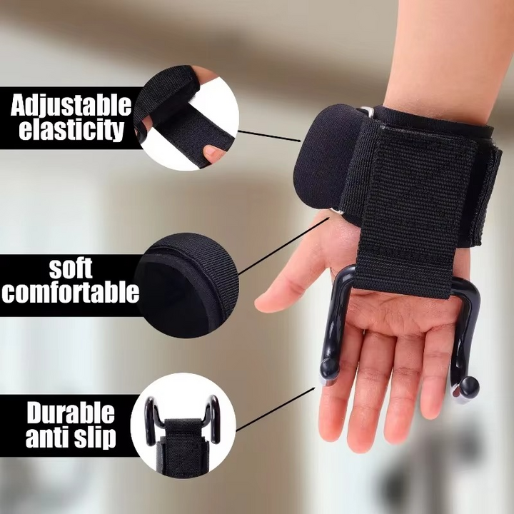 Atleta usando agarres PowerHook Pro durante un levantamiento de pesas. Ideal para fuerza y gym.