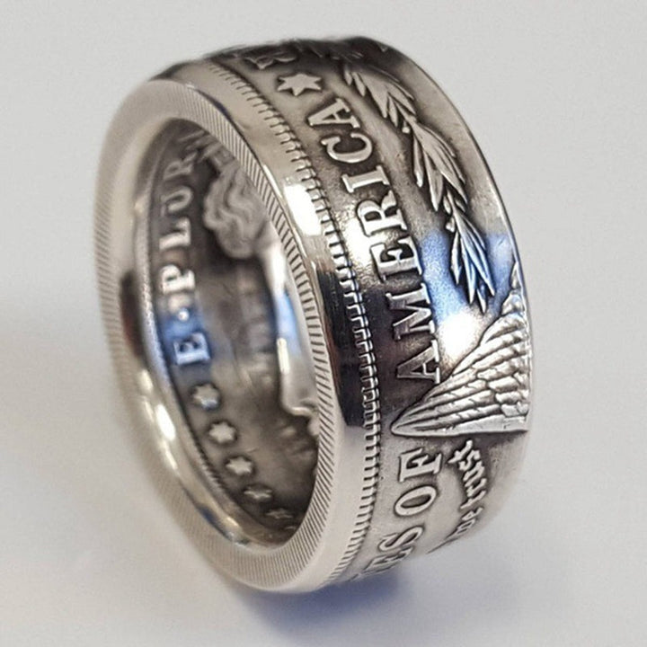 Anillo de moneda Morgan 'Águila' para hombre y mujer, accesorio plateado vintage de joyería fina.