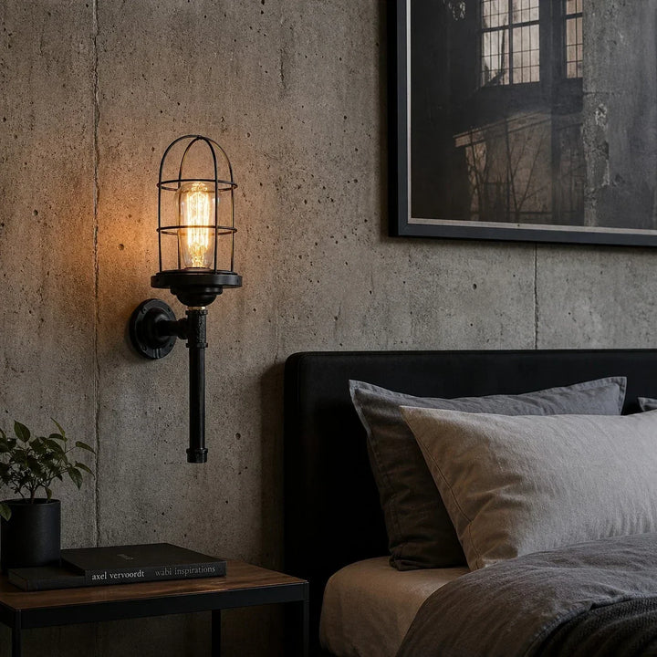 Aplique de pared doble negro vintage, estilo industrial jaula. Iluminación retro para tu hogar.