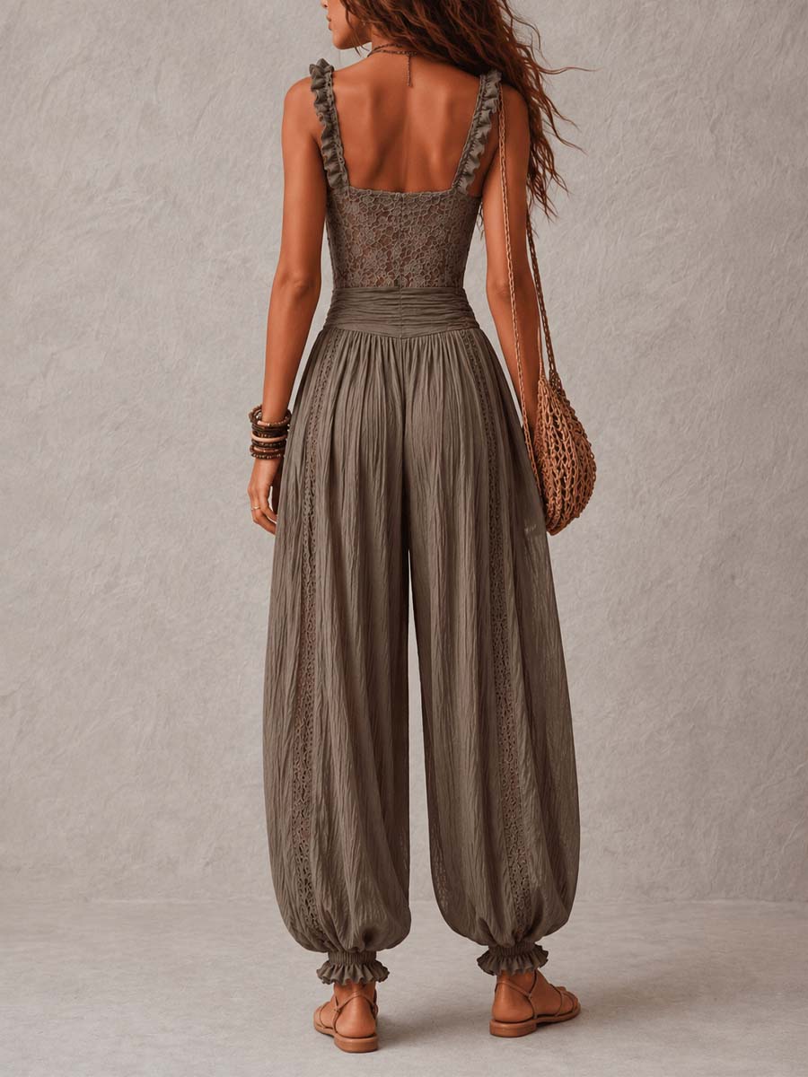 Conjunto de moda de encaje gris para mujer. Dos piezas elegantes: top y falda, ideal para eventos de fiesta.