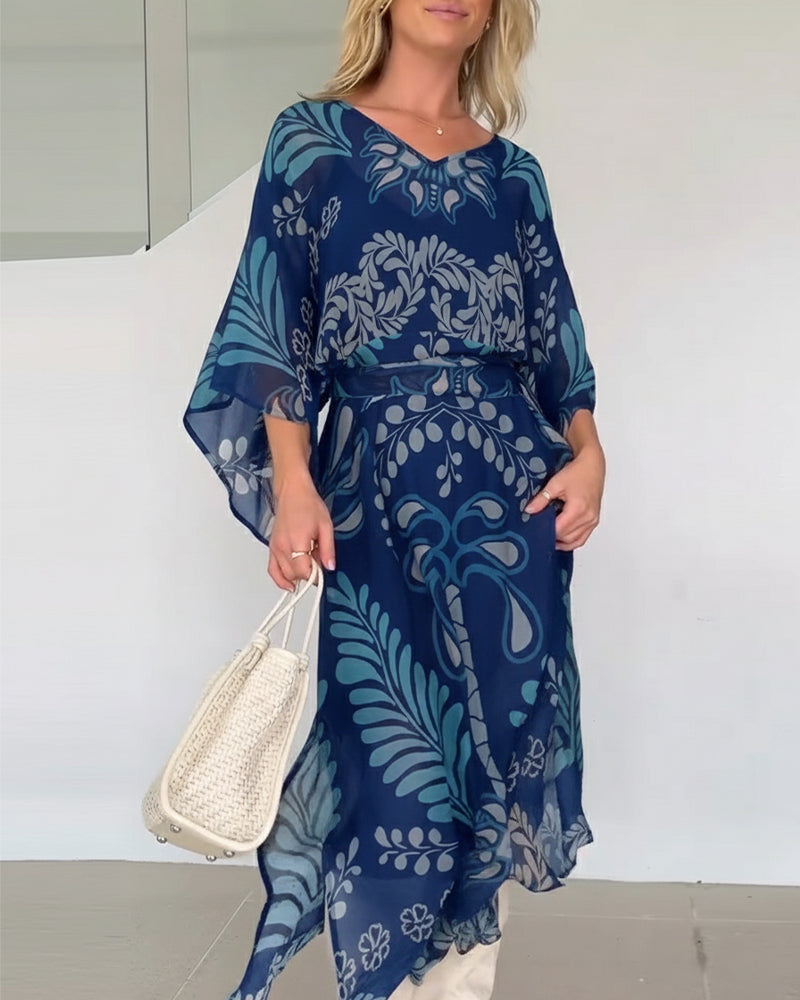 Vestido bohemio maxi de mujer. Fluido y elegante, con vibrante estampado de hojas para cualquier ocasión.
