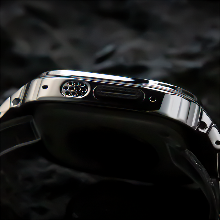Lujosa correa de acero inoxidable para smartwatch. Funda protectora de metal, accesorio premium.
