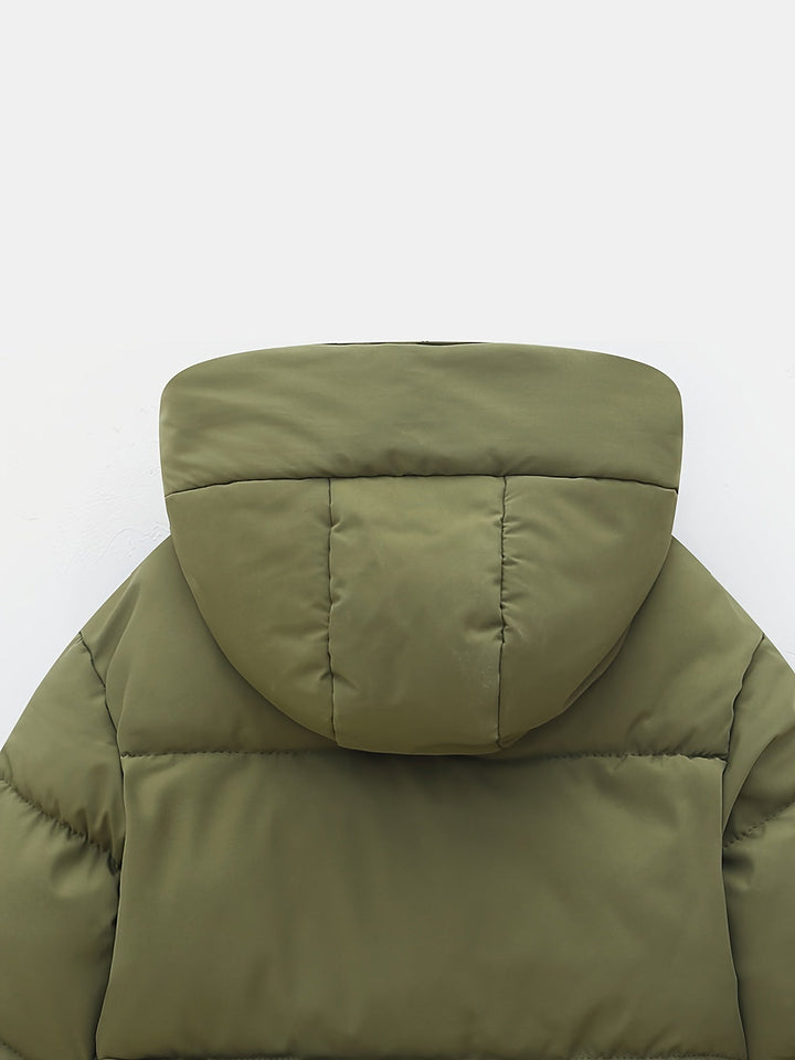 Chaqueta de invierno acolchada con capucha, práctica y duradera para niños y niñas.