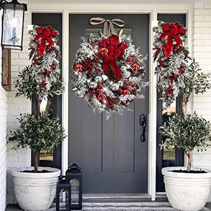 Guirnalda navideña de rattan rojo con luces LED, decoración festiva sin cables, ideal para navidad.