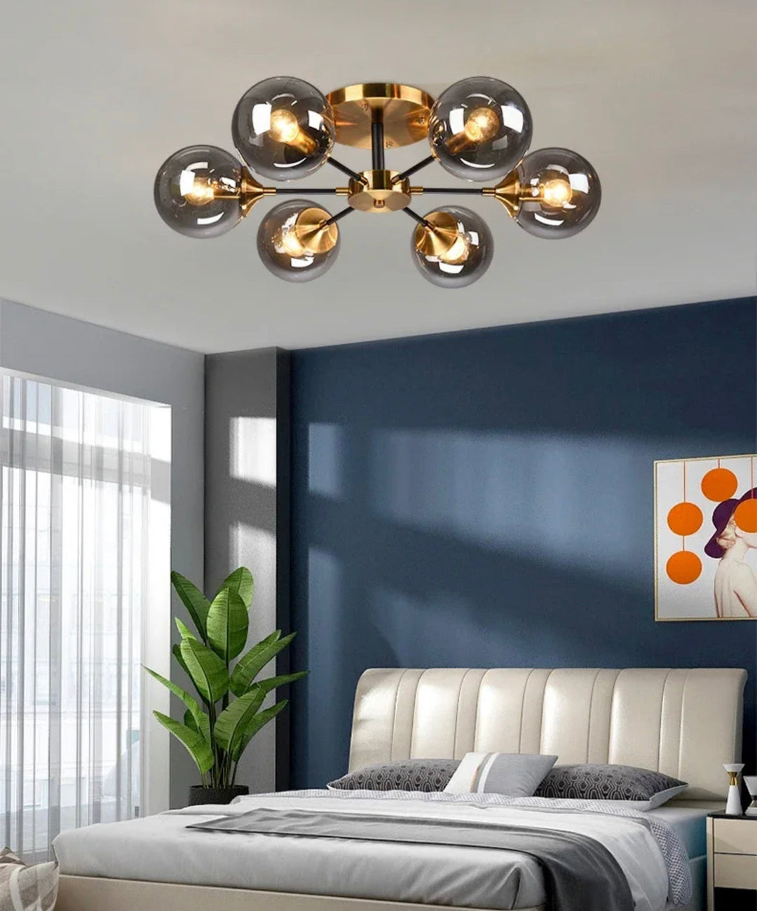 Lámpara de techo contemporánea con 8 esferas de luz jade. Perfecta para luz ambiental y decoración elegante.