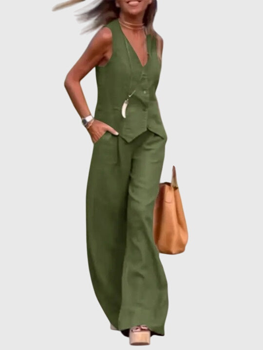 Moda femenina: Conjunto elegante de chaleco y pantalón ancho para mujer, estilo moderno y fresco.
