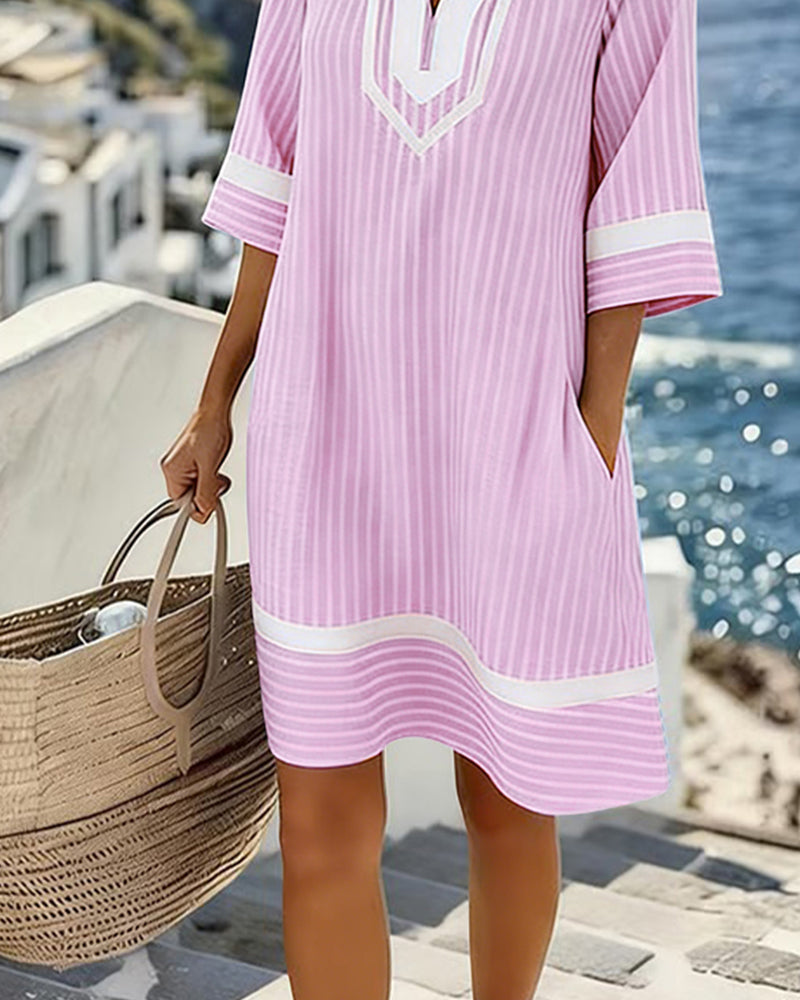 Vestido elegante de rayas con cuello V y manga corta para mujer, ropa fresca de verano.