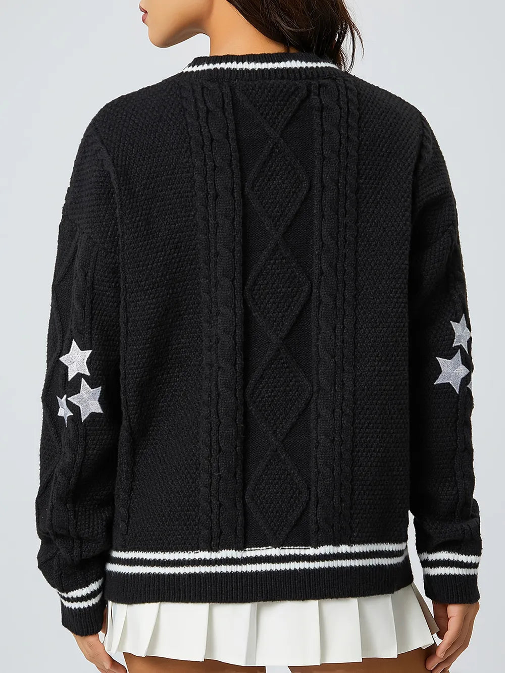 Elegante cárdigan mujer de punto con estrellas, cuello V, suave, ideal para moda casual.