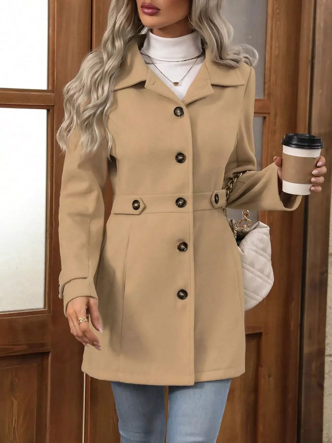 Chaqueta femenina casual con botones, manga larga y diseño versátil de entretiempo.