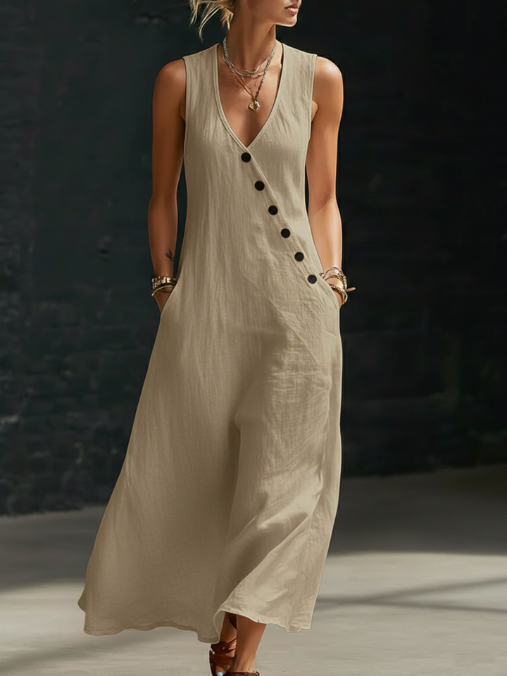 Vestido largo de mujer con botones, estilo fluido y versátil. Elegante y cómodo para primavera-verano.