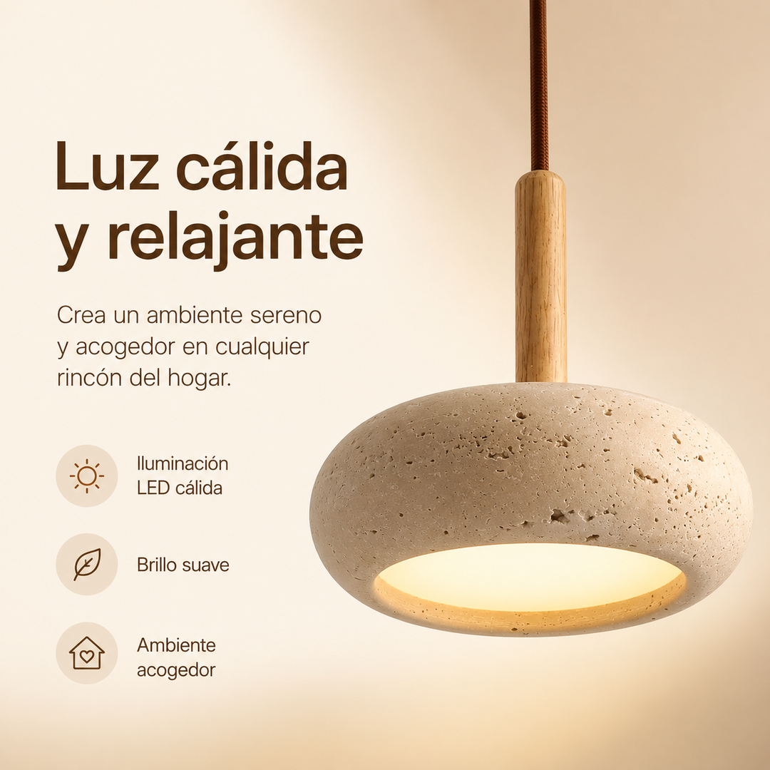 Diseño natural de lámpara colgante LED con base de piedra y detalles de madera, Ø 15cm, luz cálida.