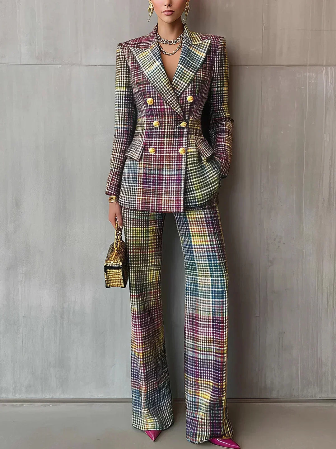 Traje elegante mujer: blazer cruzado y pantalón moderno. Ideal moda oficina, ropa formal, negocios, eventos.