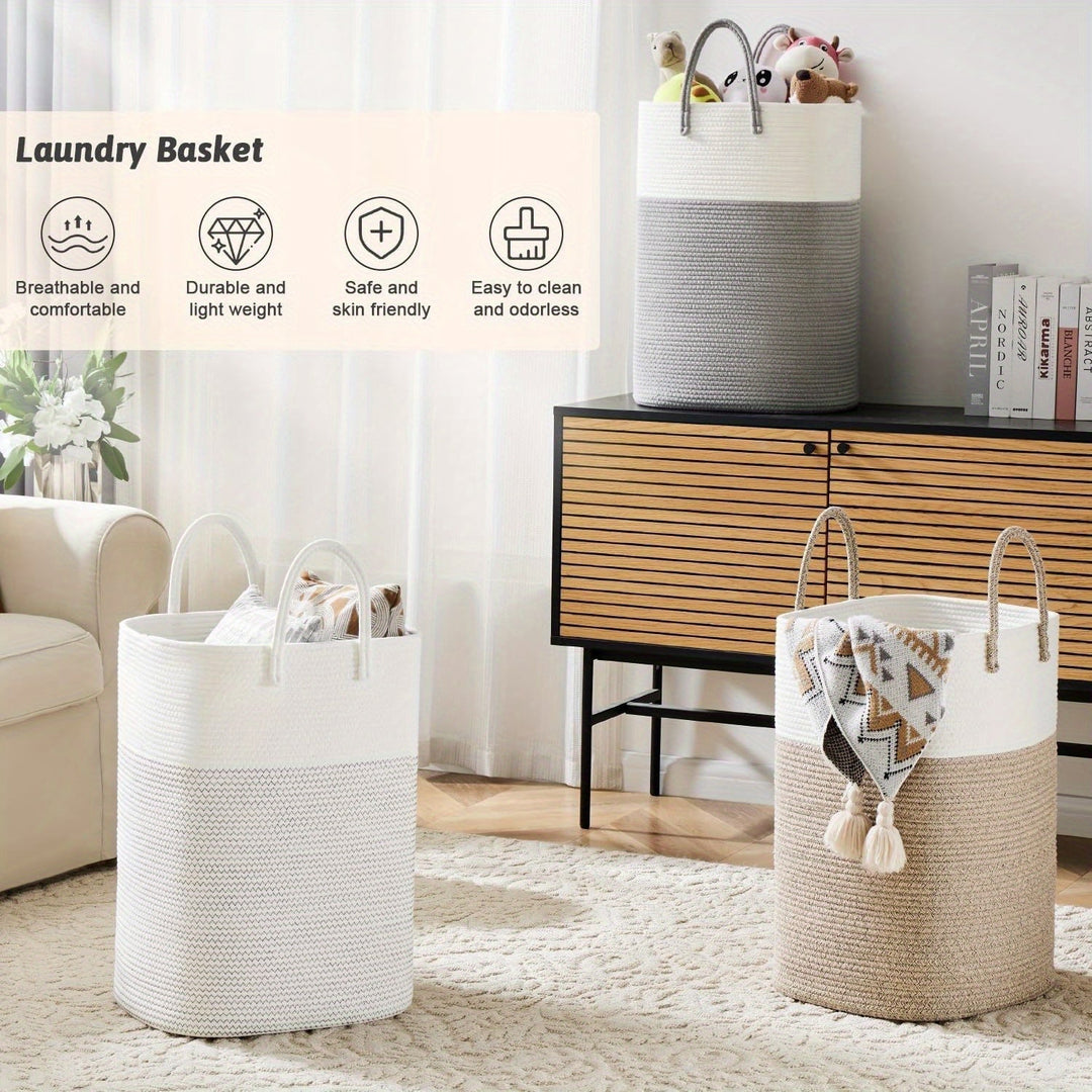Cesta tejida multiusos en un dormitorio, ofreciendo organización y un toque decorativo.