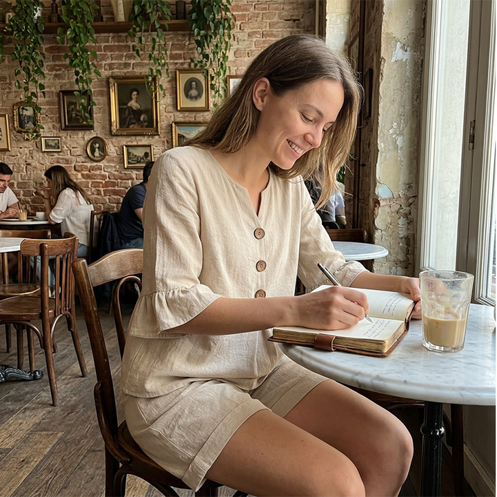 Conjunto casual de verano para mujer: blusa y shorts, perfecto para vacaciones y momentos relajados.