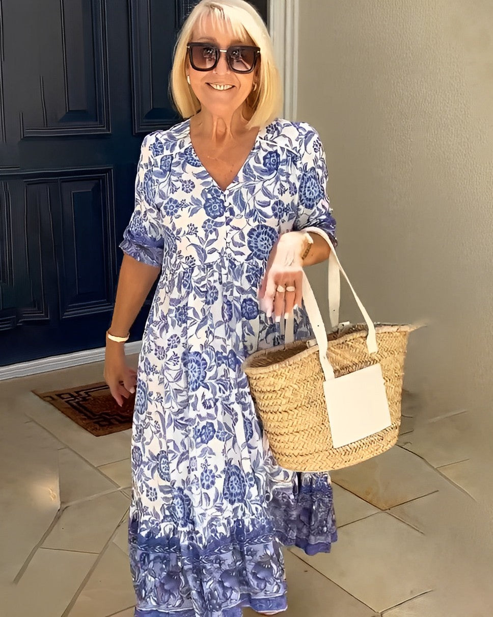 Vestido floral casual para mujer. Diseño acampanado, cuello en V. Ideal para verano y ocasiones festivas.