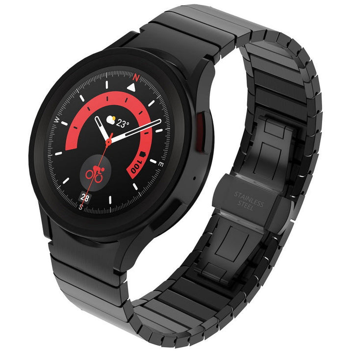 Detalle de correa de acero inoxidable para smartwatch. Banda metálica unisex, elegante y muy resistente.