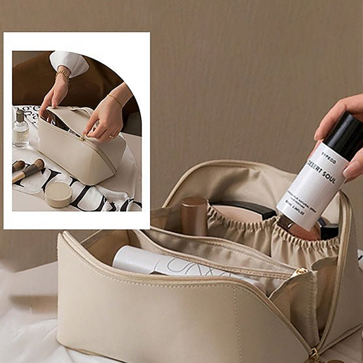 Bolso cosméticos de viaje de PU resistente. Almacenamiento seguro para maquillaje y accesorios de mujer.