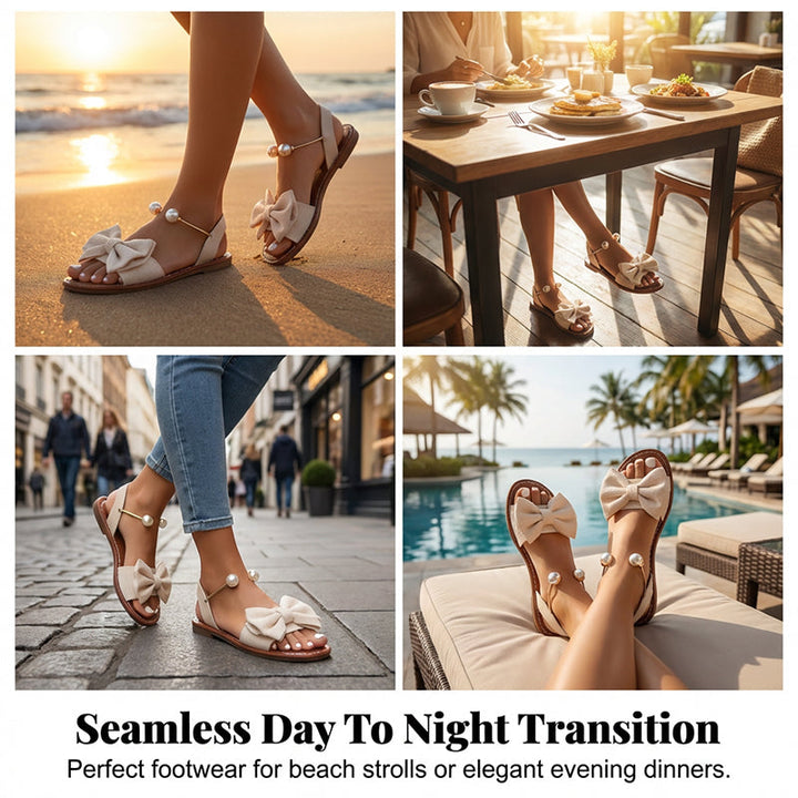 Sandalias planas para mujer, con un toque de perlas y lazo, comodidad veraniega.