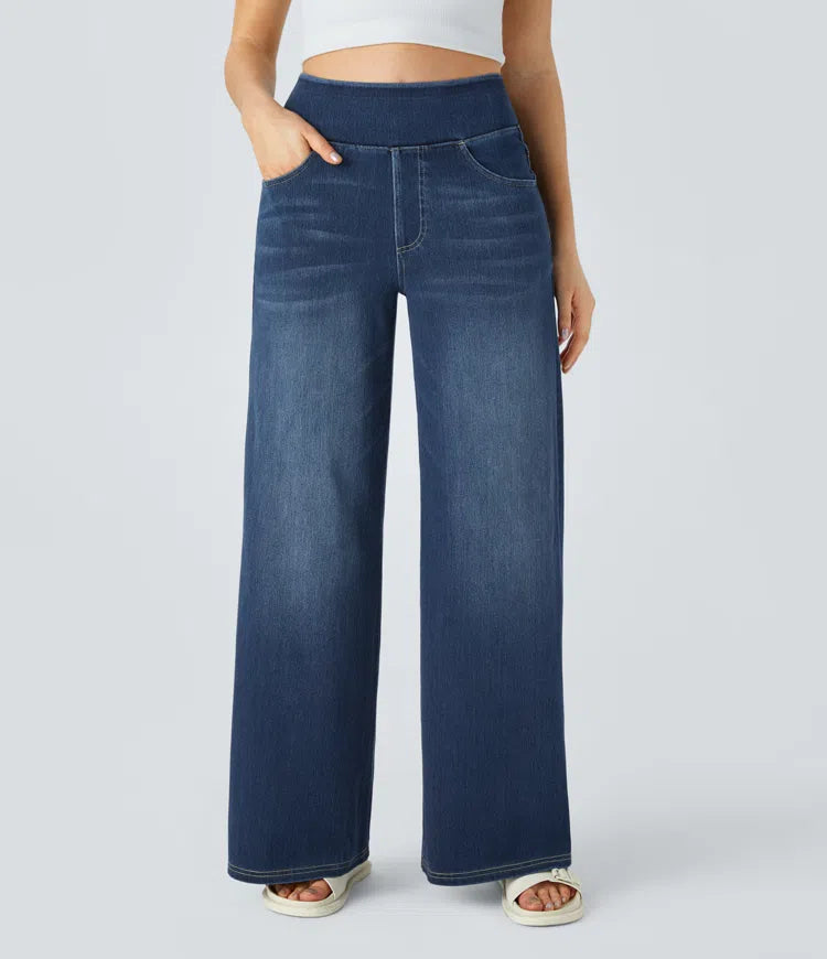 Moda mujer: jean pierna ancha, talle alto elástico. Moderno y confortable para el estilo diario.
