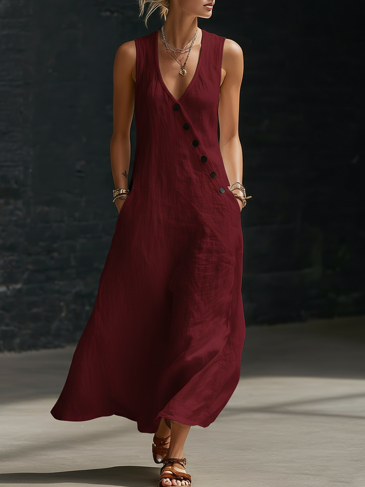 Vestido maxi de mujer con botones frontales, estilo fluido. Ideal para looks de verano y primavera.