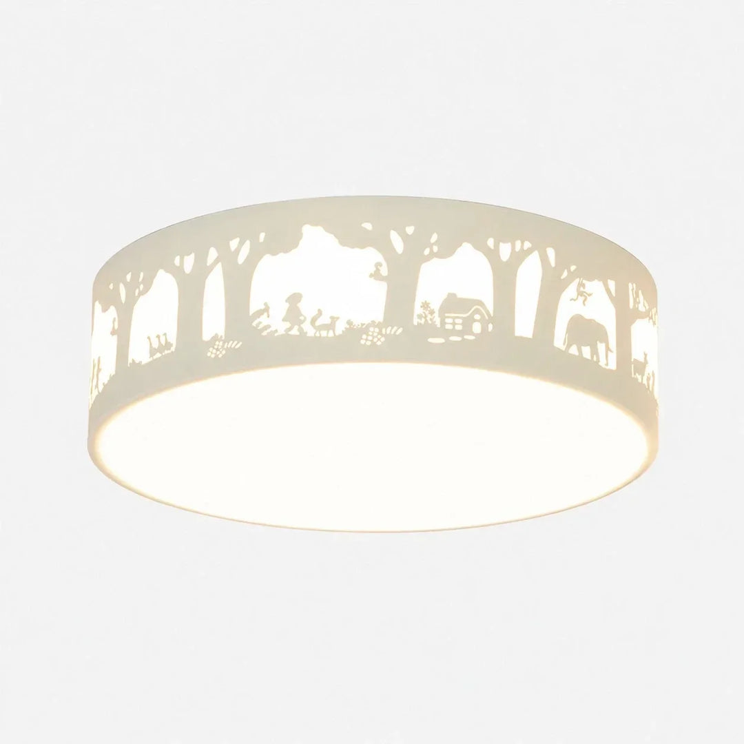 Lámpara LED de techo blanca con siluetas, perfecta para diseño interior moderno y minimalista.