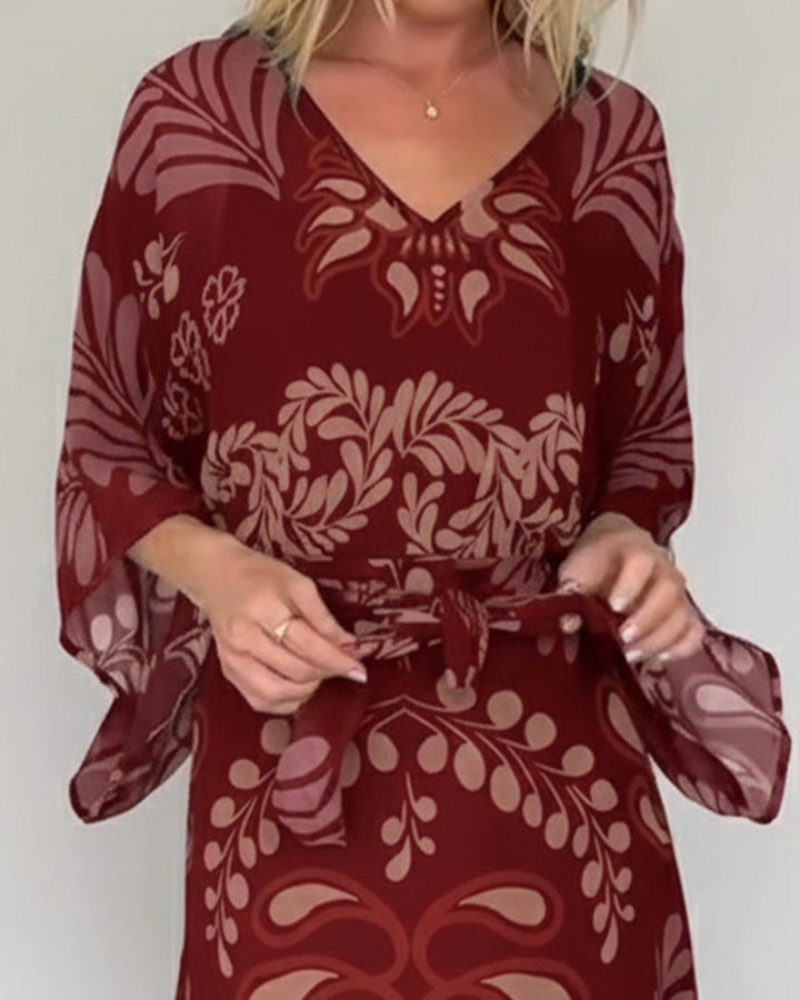 Vestido primaveral/verano maxi de mujer. Estilo bohemio, estampado de hojas. Fresco, ligero y cómodo.