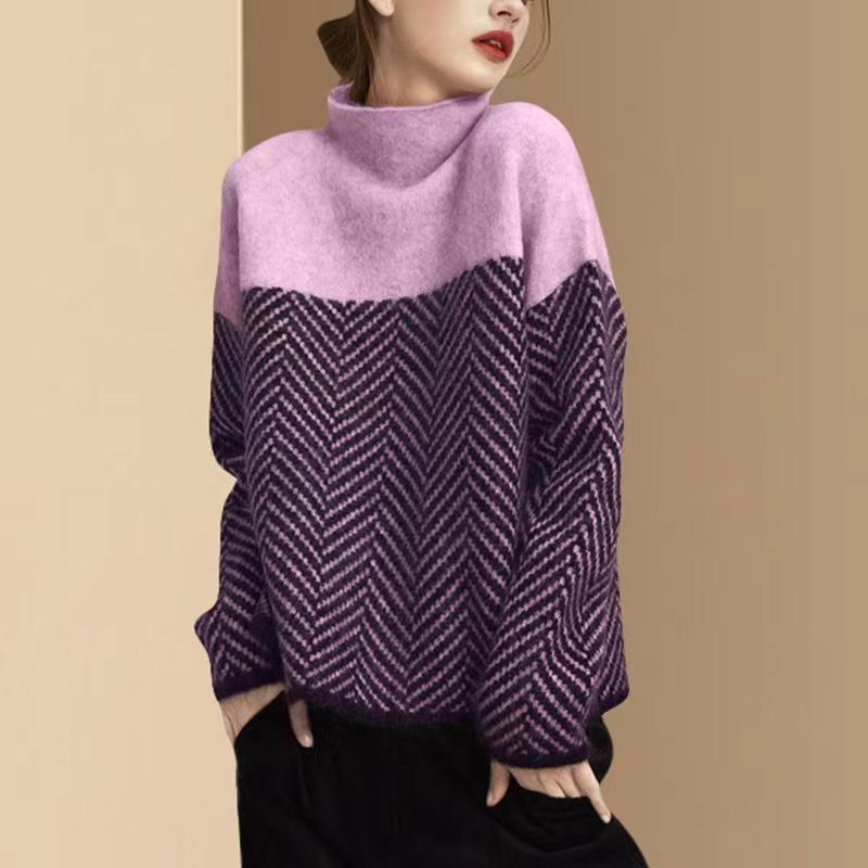 Prenda de moda: suéter bicolor de algodón con cuello alto para mujer. Estilo versátil casual y elegante.