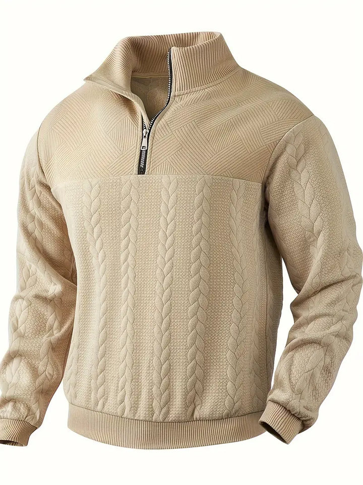 Suéter masculino de punto trenzado con media cremallera, prenda de abrigo elegante y versátil para otoño.