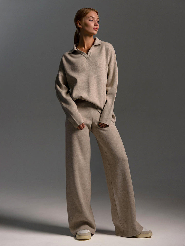 Conjunto dos piezas de punto para mujer. Jersey de manga larga y pantalón cómodo para moda otoño-invierno.