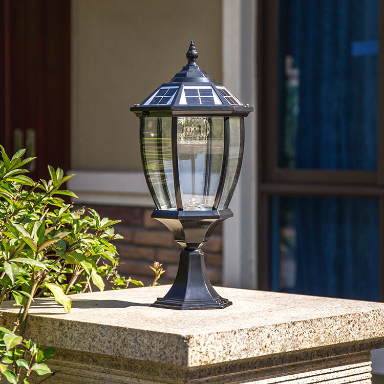 Luz LED para jardín, doble fuente de energía (solar/cable), estilo industrial, aluminio y vidrio.