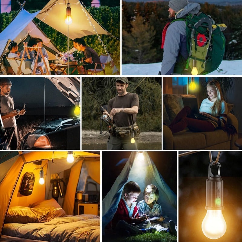 Iluminación LED portátil para aventuras de camping. Linterna recargable solar y USB, ideal para exterior.