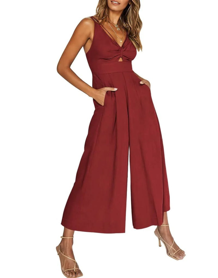 Elegante mono de mujer para graduación, escote V. Diseño sin mangas y pierna ancha sofisticada.