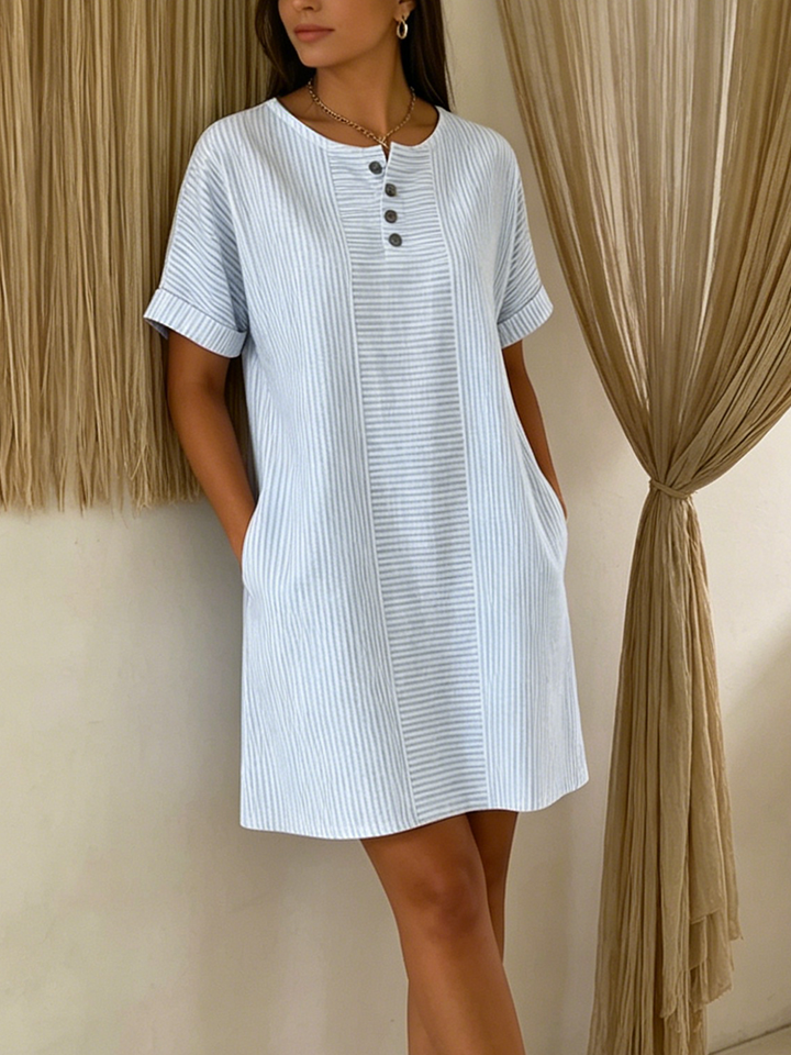 Vestido de mujer de algodón y lino con botones frontales, diseño suelto y elegante para el verano.