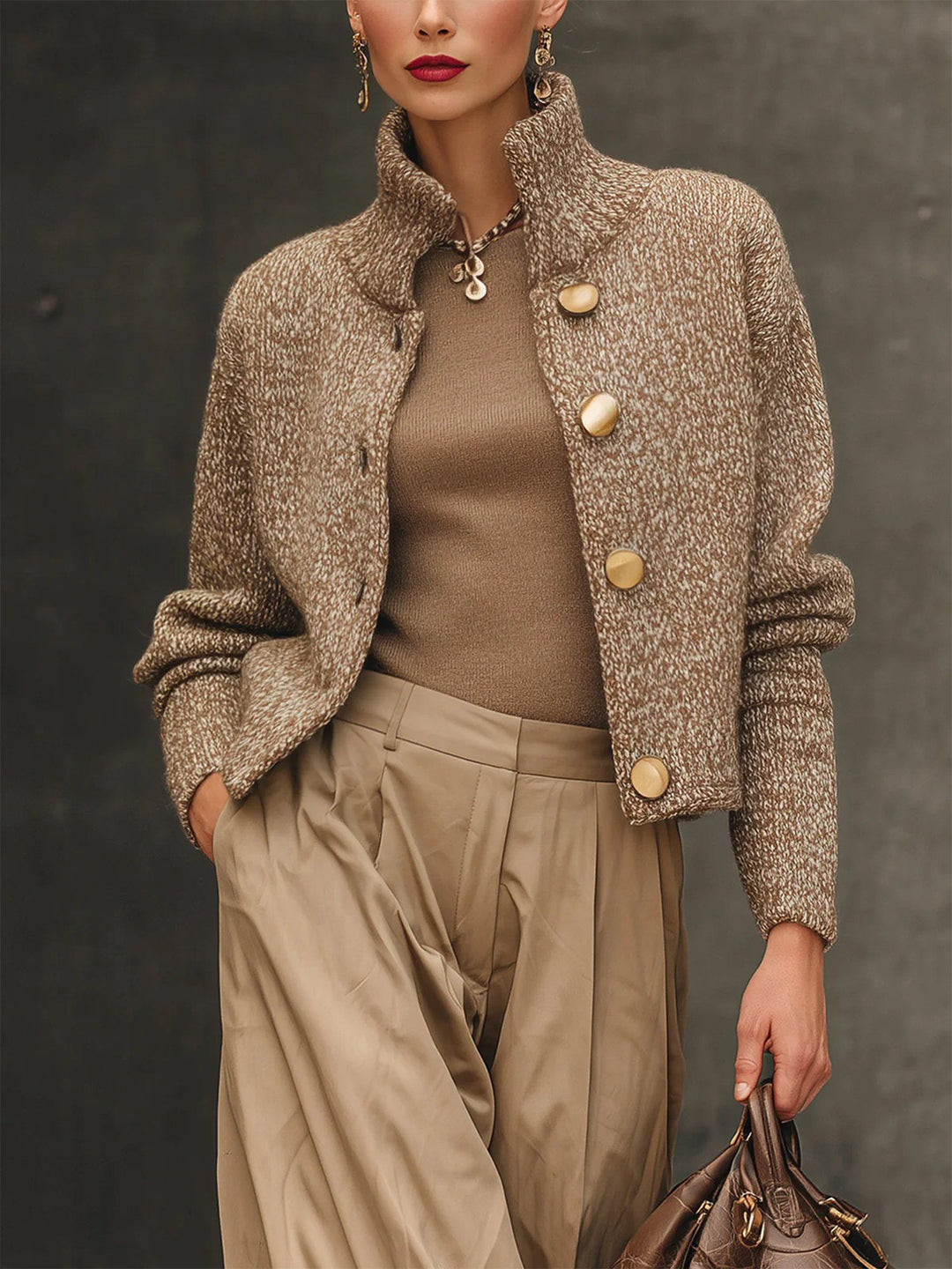 Chaqueta elegante mujer marrón con botones, estilo moderno y corte corto, ideal para moda femenina versátil y confort diario.