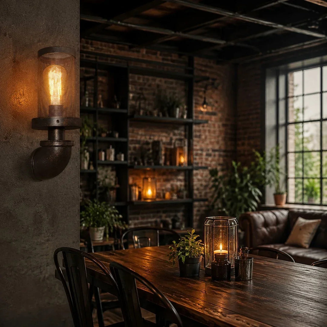 Lámpara de pared industrial con pantalla metálica perforada y acabado óxido, luz E27.