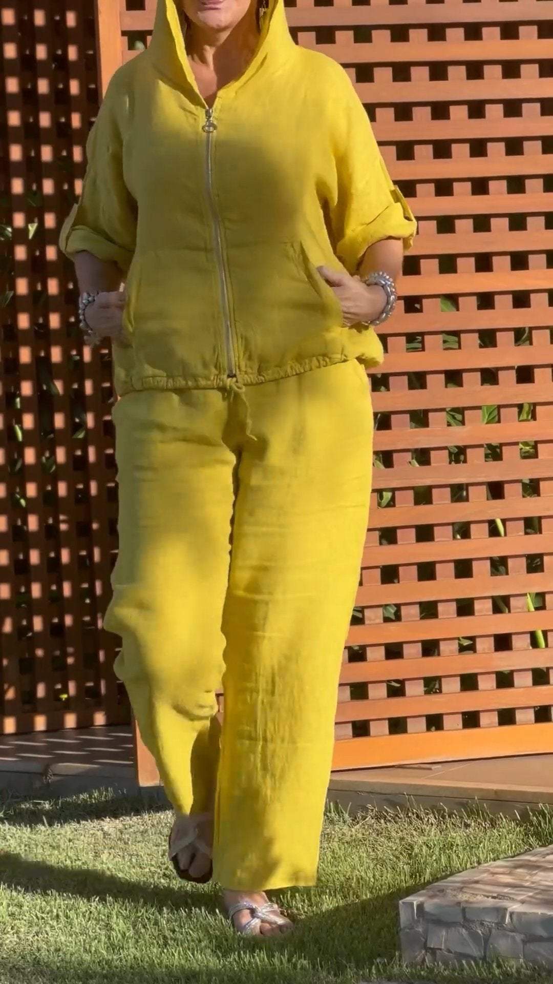 Conjunto de verano mujer algodón y lino, dos piezas casual con capucha y cremallera, ropa cómoda.