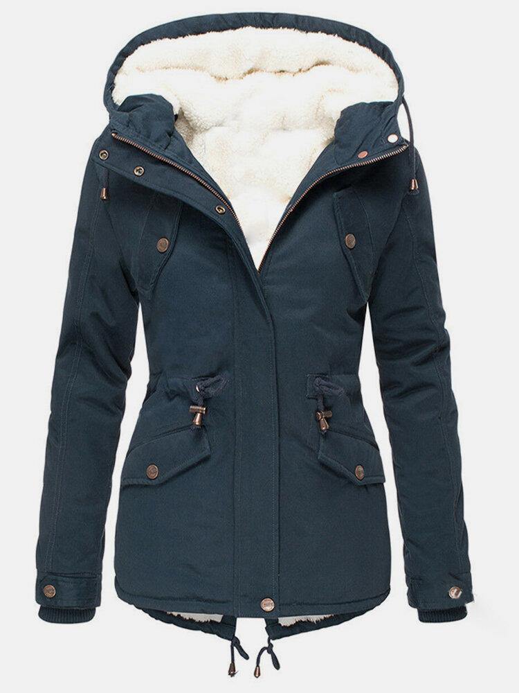 Abrigo de invierno para mujer con cierre de cremallera robusta, cuello alto y capucha, ropa exterior funcional y chic.